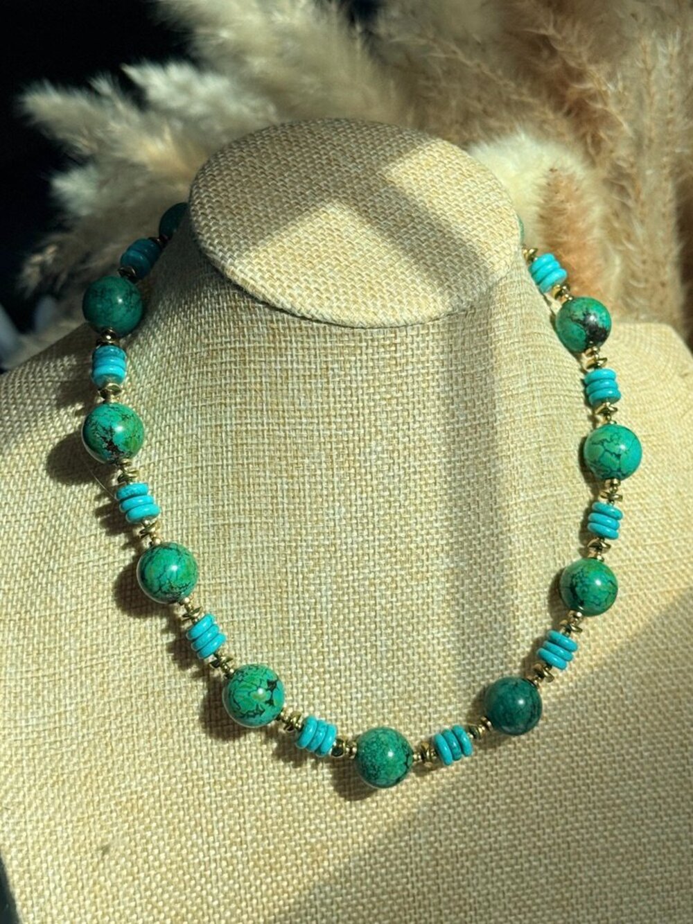 Turquoise Blue Green Beaded Statement Necklace 17”